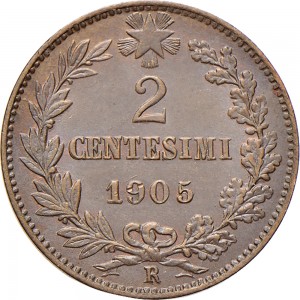 1549R 2 centesimi 1905 Valore entro semicorona di alloro e quercia Roma Rame