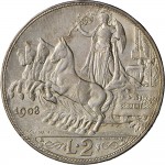 1400R 2 lire 1908 Italia su quadriga veloce 1° tipo Roma Argento