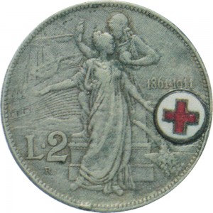 1404R-001 2 lire 1911 Italia e Roma genitrice Roma Argento Croce Rossa