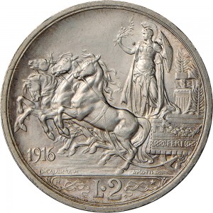 1407R 2 lire 1916 Italia su quadriga briosa Roma Argento