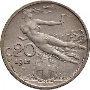 1476R 20 centesimi 1911 Libertà librata Roma Nichelio