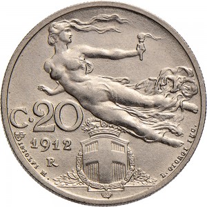 1477R 20 centesimi 1912 Libertà librata Roma Nichelio