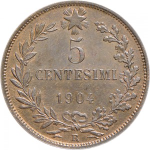 1519R 5 centesimi 1904 Valore entro semicorona di alloro e quercia 2° tipo Roma Rame