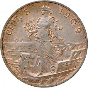 1521R 5 centesimi 1908 Italia marinara Roma Rame