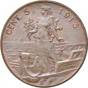 1524R 5 centesimi 1913 Italia marinara Roma Rame