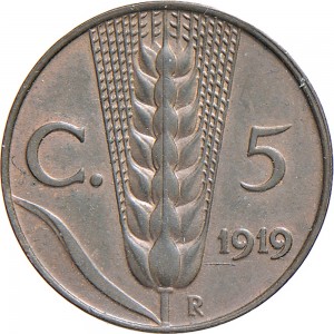 1529R 5 centesimi 1919 Spiga 2° tipo Roma Rame