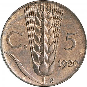 1530R 5 centesimi 1920 Spiga 2° tipo Roma Rame