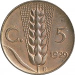 1539R 5 centesimi 1929 Spiga 2° tipo Roma Rame