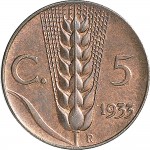 1543R 5 centesimi 1933 Spiga 2° tipo Roma Rame
