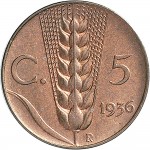 1546R 5 centesimi 1936 Spiga 2° tipo Roma Rame