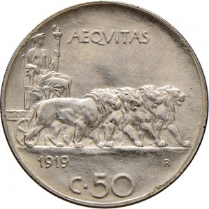 1448R 50 centesimi 1919 Giustizia su quadriga di leoni Roma Nichelio