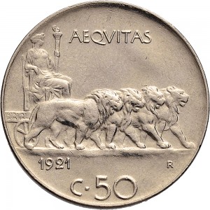 1452R 50 centesimi 1921 Giustizia su quadriga di leoni Roma Nichelio
