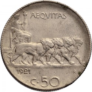 1453R 50 centesimi 1921 Giustizia su quadriga di leoni Roma Nichelio