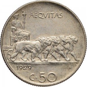 1464R 50 centesimi 1929 Giustizia su quadriga di leoni Roma Nichelio