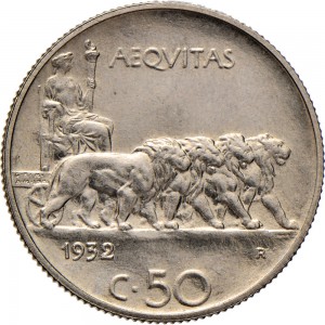 1467R 50 centesimi 1932 Giustizia su quadriga di leoni Roma Nichelio