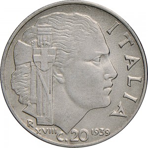 1650R 20 centesimi 1939 XVIII Italia fascista 2° tipo Roma Acmonital