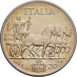 1588R 20 lire 1939 XVIII Italia su quadriga lenta Roma Argento