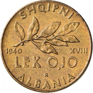 1752R 0,10 lek 1940 XVIII Ramo di alloro Roma Bronzital