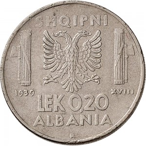 1749R 0,20 lek 1939 XVIII Aquila bicipite Roma Acmonital