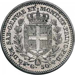1004R 50 centesimi 1845 Scudo sannitico Torino Argento