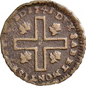 387R Cagliarese da 2 denari 1741 Croce piana 2° tipo Torino Rame