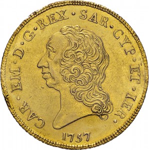 211D Carlino da 5 doppie 1757 Scudo rotondo Torino Oro