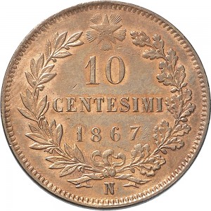 1222R 10 Centesimi 1867 Valore entro semicorona di alloro e quercia 2° tipo Napoli Rame