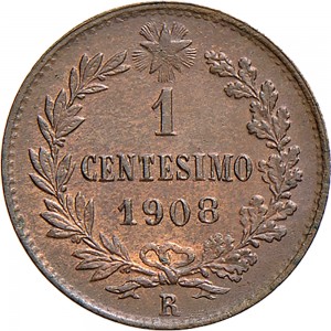 1567R 1 centesimo 1908 Valore entro semicorona di alloro e quercia Roma Rame