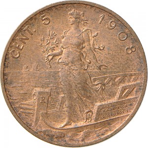 1520R 5 centesimi 1908 Italia marinara Roma Rame