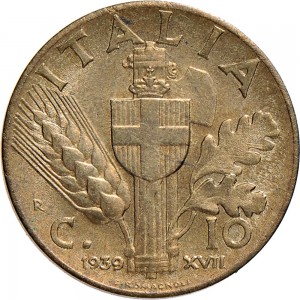 1661R 10 Centesimi 1939 XVII Scudo semirotondo 2° tipo Roma Bronzital