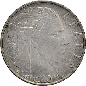 1649R 20 centesimi 1939 XVII Italia fascista 2° tipo Roma Acmonital