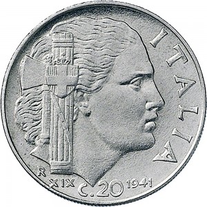 1654R 20 centesimi 1941 XIX Italia fascista 2° tipo Roma Acmonital