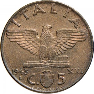 1674R 5 centesimi 1943 XXI Aquila romana 2° tipo Roma Bronzital