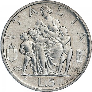1601R 5 lire 1938 XVII Italia feconda Roma Argento