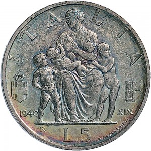 1604R 5 lire 1940 XIX Italia feconda Roma Argento