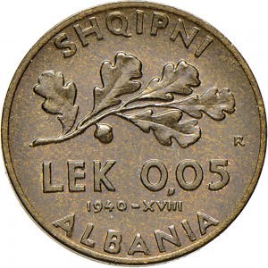 1754R 0,05 lek 1940 XVIII Ramo di quercia Roma Bronzital