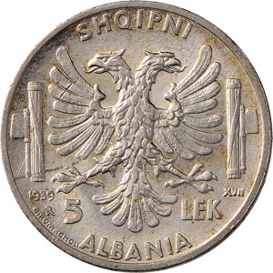 1735R 5 lek 1939 XVII Aquila bicipite Roma Argento